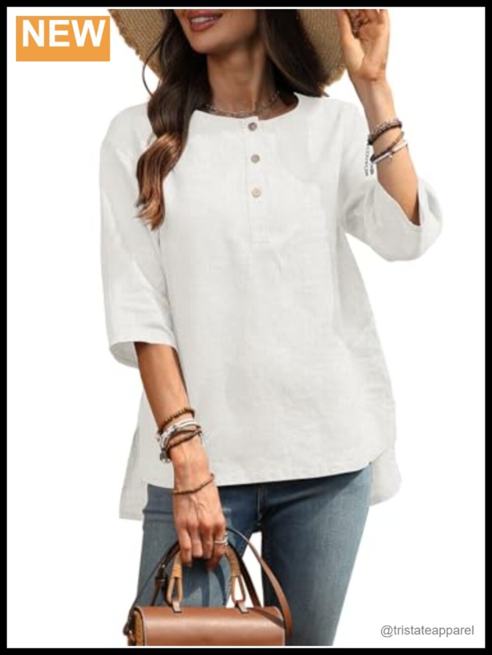 Women's 100% Linen Henley Neck 3/4 Sleeve Button Up Blouse Tunic Top